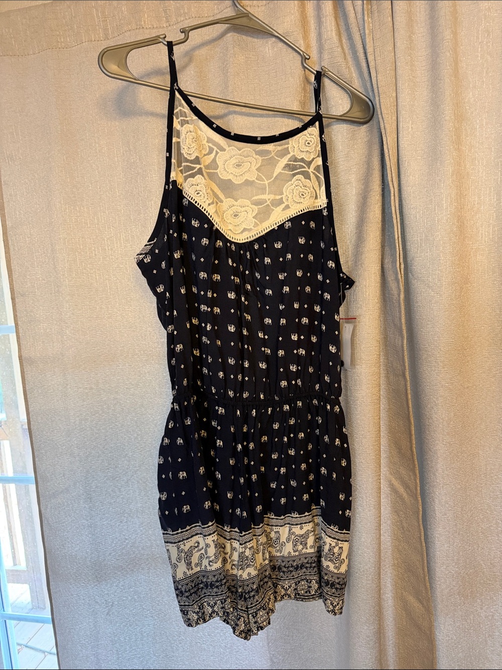 Charlotte Russe Navy Romper with Cream Lace Yoke